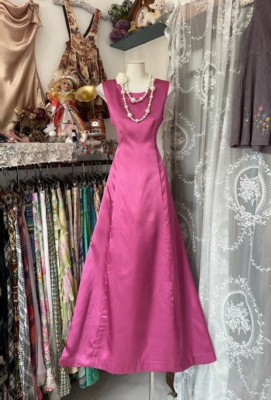 Vintage A Line Pink Satin Long Sleeveless Evening Gowns Formal 19th Birthday Dress Prom Dresses N1743