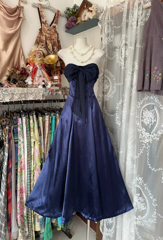 Vintage A Line Sweetheart Navy Blue Sleeveless Evening Gowns Formal 19th Birthday Dress Prom Dresses N1744