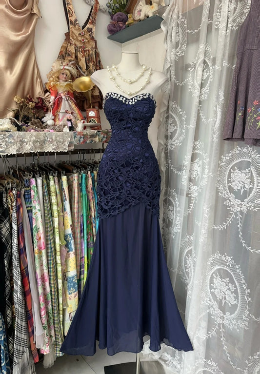 Vintage Mermaid Sweetheart Navy Blue Lace Long Evening Gowns Formal Birthday Party Prom Dresses N1732