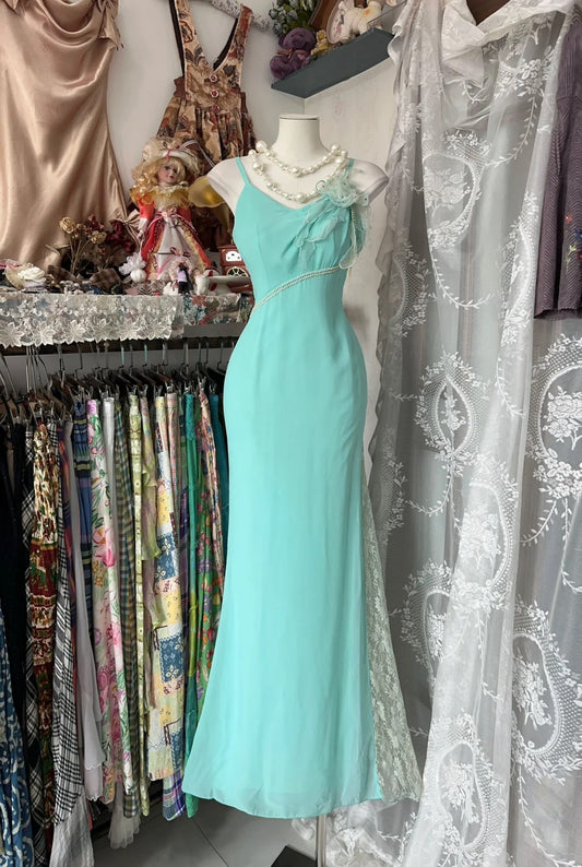 Vintage Mermaid Spaghetti Straps Green Chiffon Long Evening Gowns Formal 18th Birthday Party Prom Dresses N1745