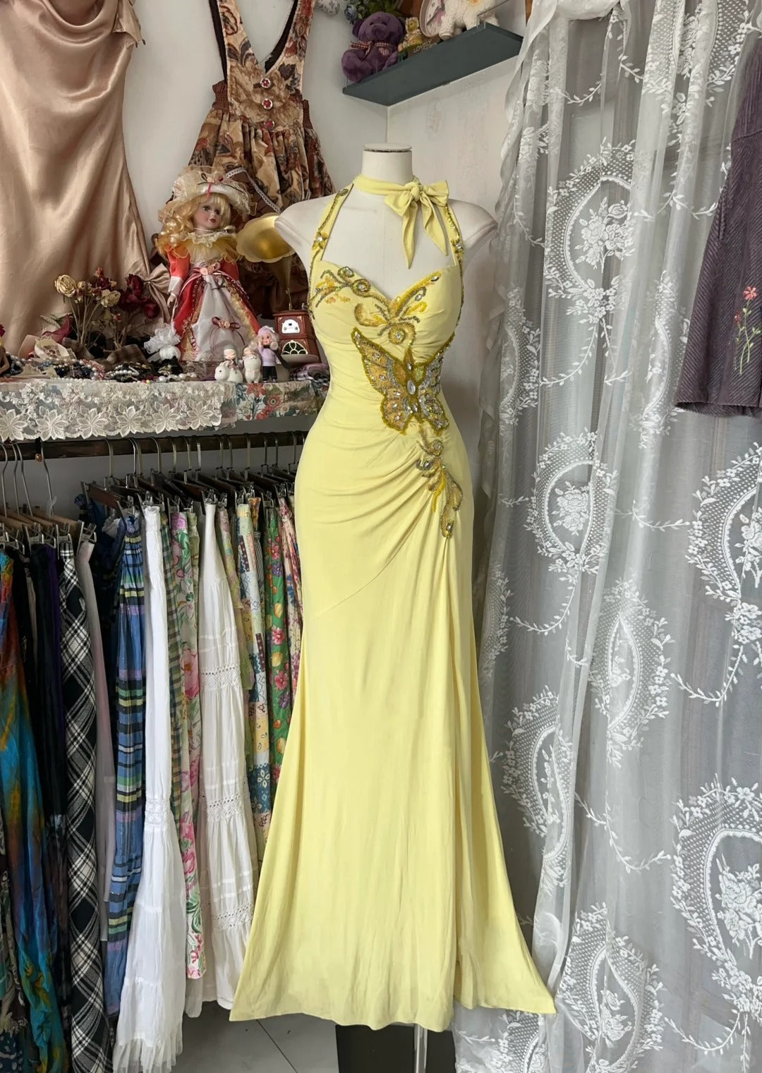Elegantes gelbes Meerjungfrauen-Abendkleid mit Neckholder, formelles Geburtstagskleid, langes Ballkleid N1704