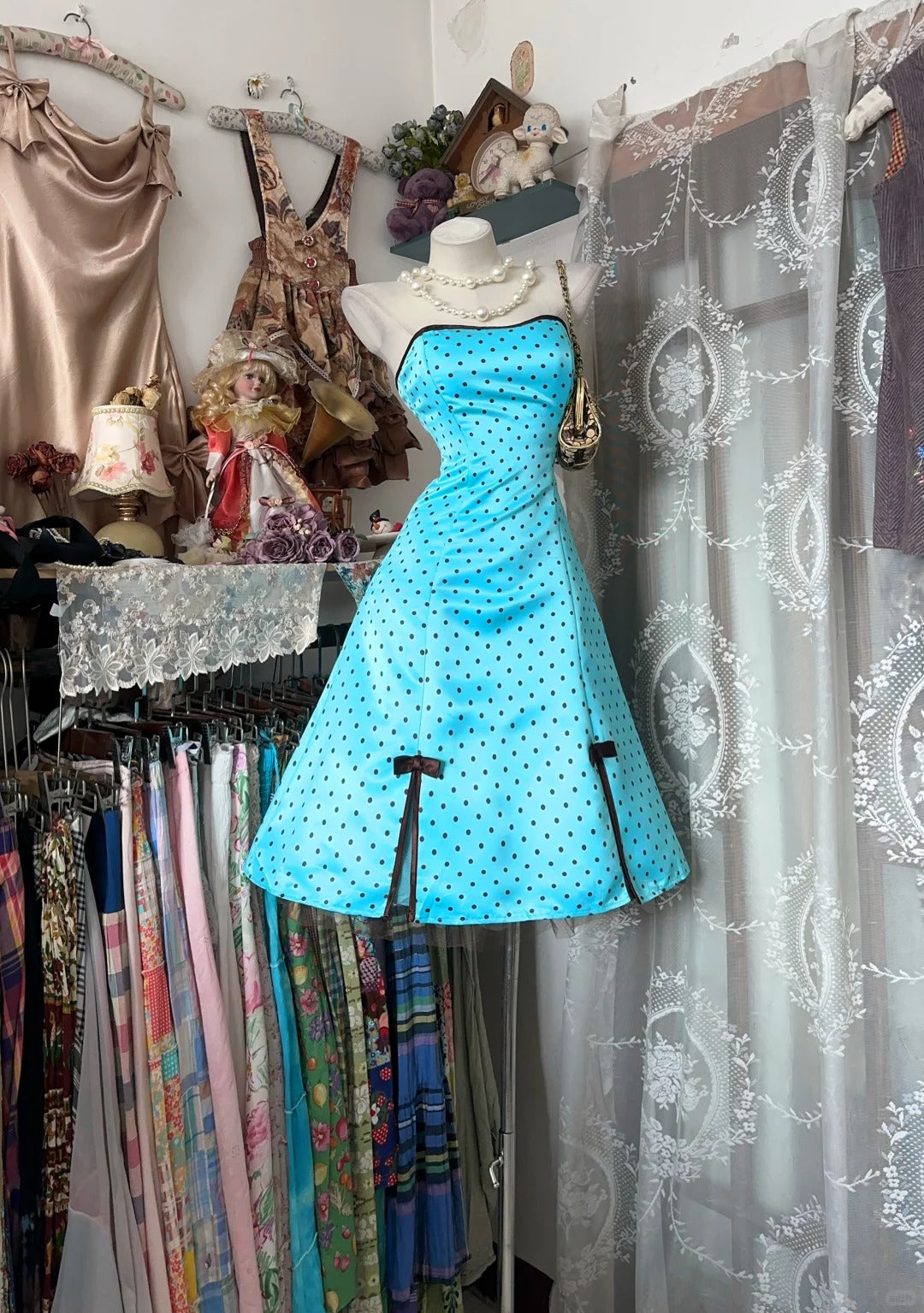 Robe Femme Été Nouvelle Vintage Rétro Style Trapèze Bleu à Pois Satin Robes de Soirée N2252