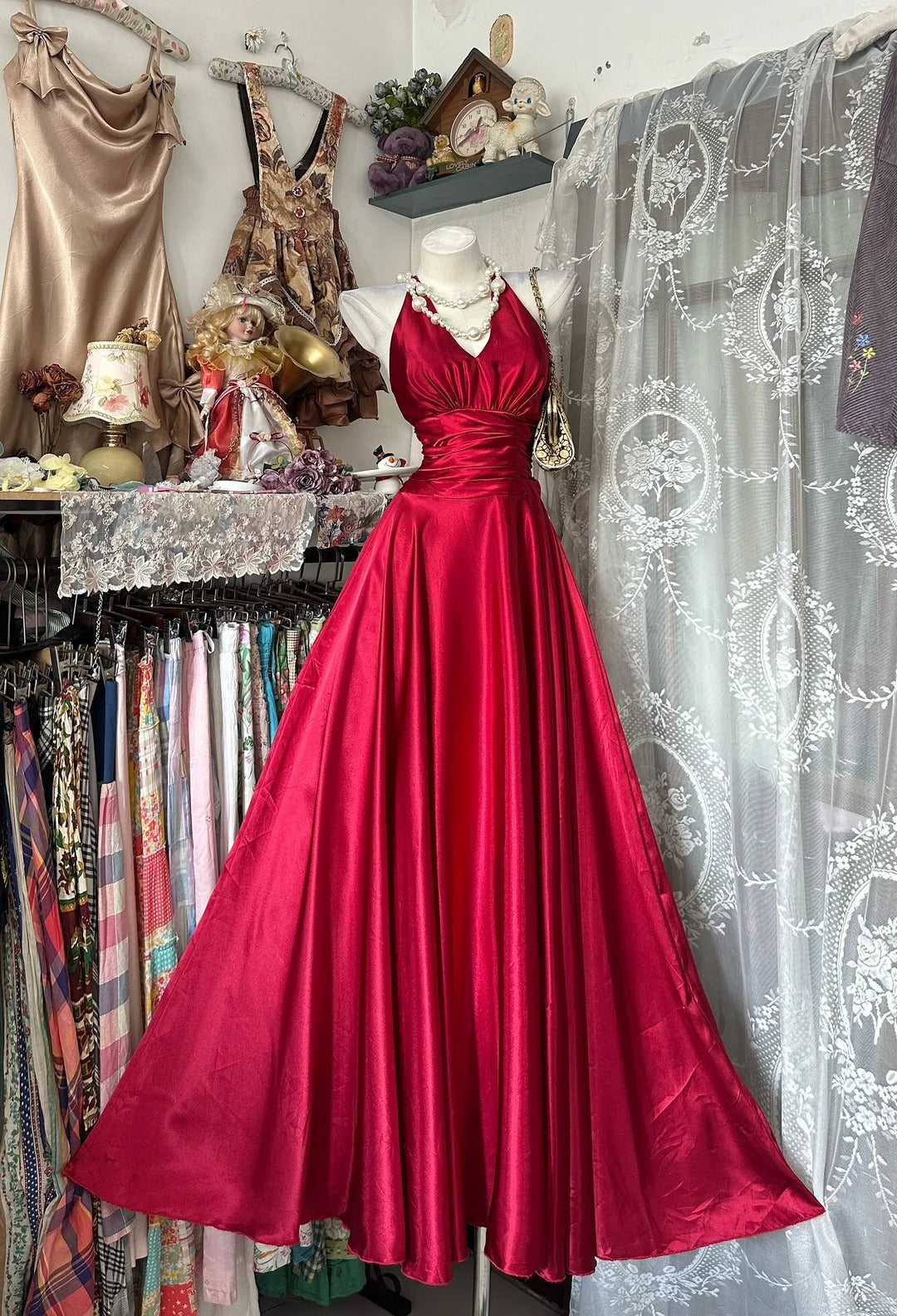 Vintage 80s Prom Dresses A line Halter Red Satin Long 1950s Retro Classy Party Formal Outfits RB8993