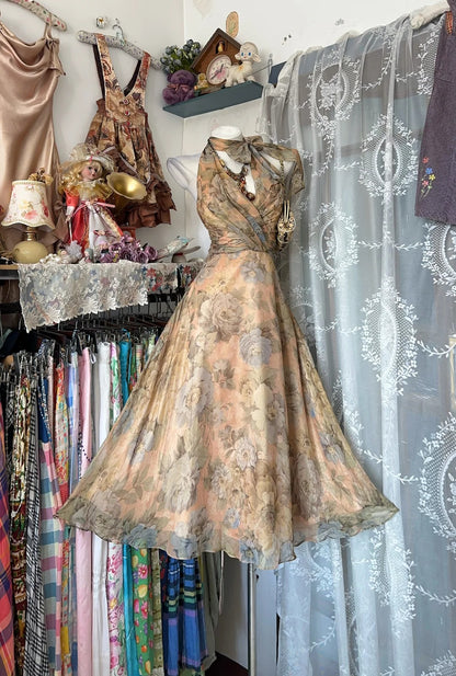 Vintage 90s Prom Dresses A line Halter Floral Tea Length y2k Party Formal Outfits RB9000