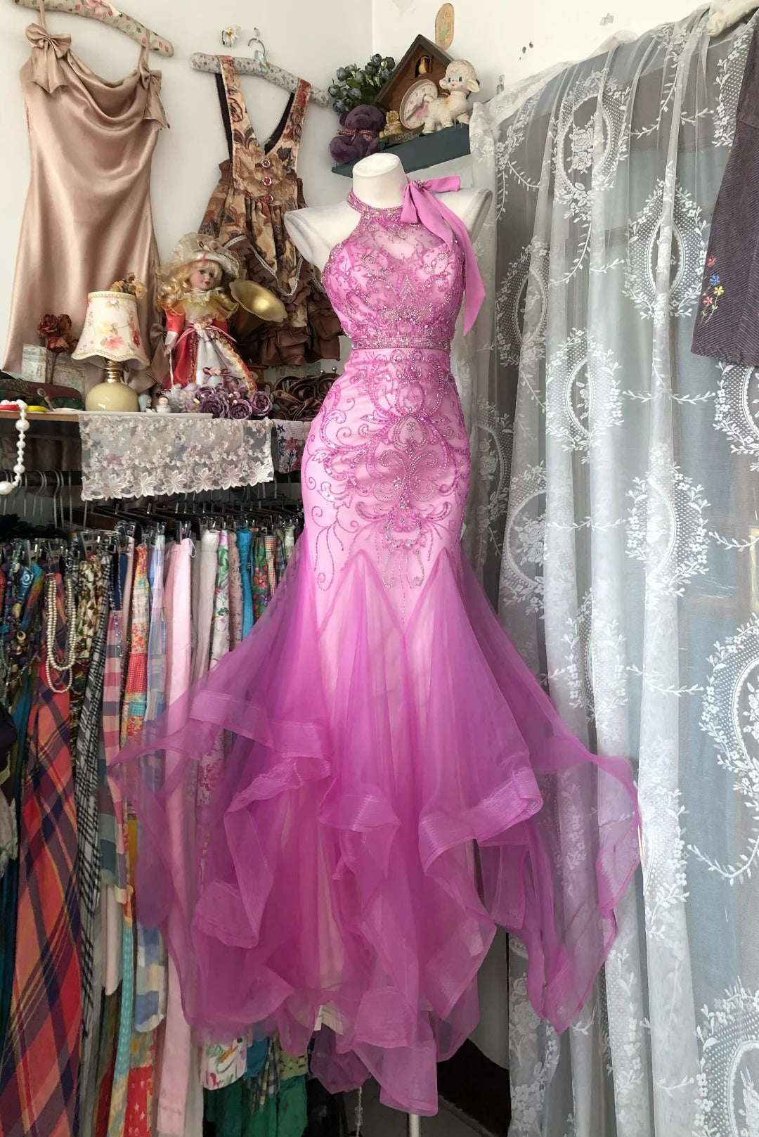 Vintage Prom Dresses Mermaid Halter Pink Tulle 80s Retro Party Evening Formal Outfits RC1100