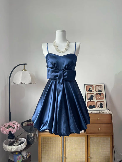 Vintage Ball Gown Spaghetti Strap Navy Blue Satin 16th Birthday Homecoming Dress Graduation Outfit RB6791