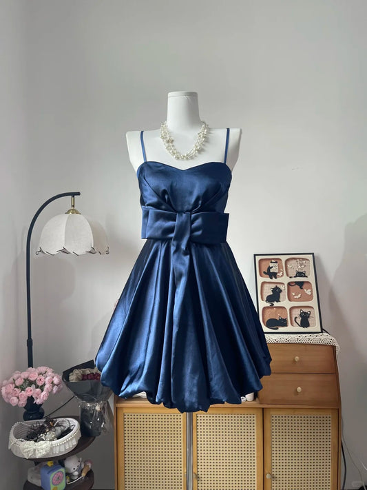 Vintage Ball Gown Spaghetti Strap Navy Blue Satin 16th Birthday Homecoming Dress Graduation Outfit RB6791
