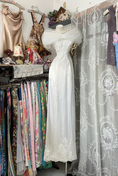 Vintage Prom Dresses Aesthetic 1960s Retro Mermaid Off The Shoulder White Lace Long Formal Dress N2256