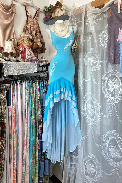 Vintage Mermaid Blue Spaghetti Strap Chiffon Sleeveless Formal For Women Girls Teens Prom Dresses N2250