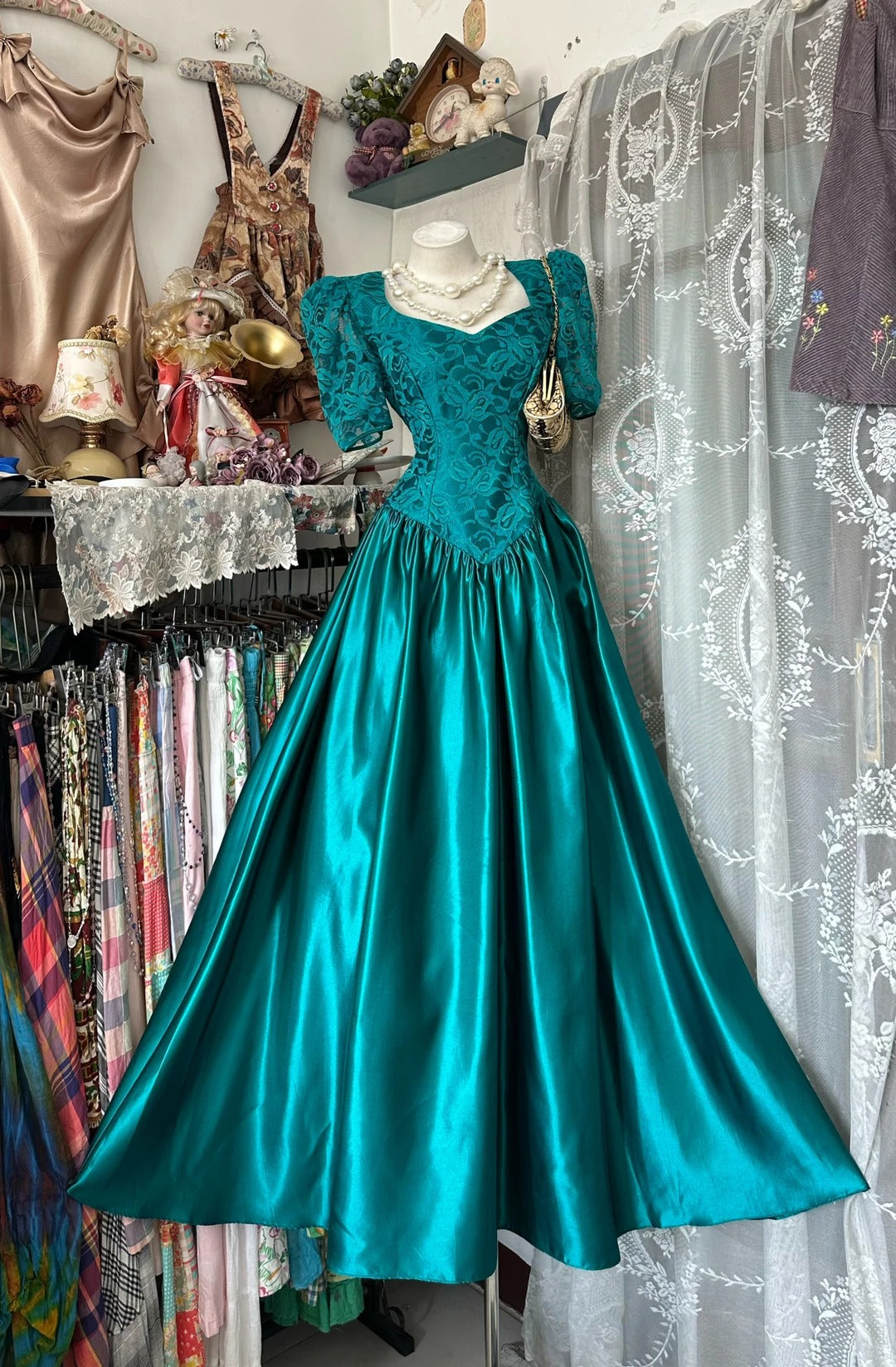 Vintage 80s Prom Dresses A line Blue With Half Sleeves Satin Long 1950s Retro Classy Party Formal Outfits RB8994
