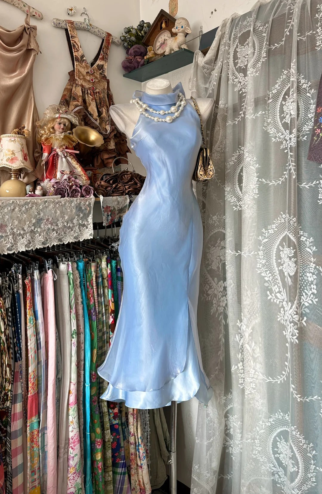 Prom Dress Mermaid High Neck Light Blue Tea Length High School Graduation Party Dresses RC1129