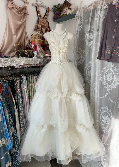 Robe de bal vintage, robe de soirée esthétique en tulle blanc, inspiration robe de cérémonie N1990