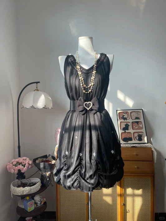Vintage A line V Neck Little Black Dress With Bow 16th Birthday Homecoming Dress Graduation Outfit RB6793