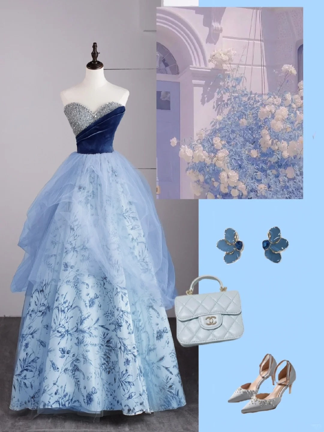 Niedliches Ballkleid mit Herzausschnitt, blauer Tüll, floral, ärmellos, mit perlenbesetztem Oberteil, langes Kleid für Quinceañera, Sweet 15 oder 16 Geburtstag, Outfit N689