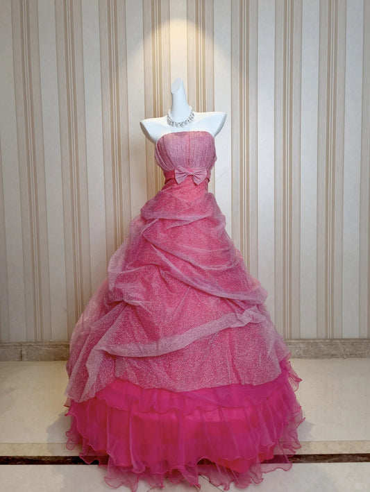 Süßes Ballkleid Trägerloses Tüll Pink Gestuft Sweet 16 Kleider Quinceanera Kleid Lang 15 Vestidos De Fiesta N4211