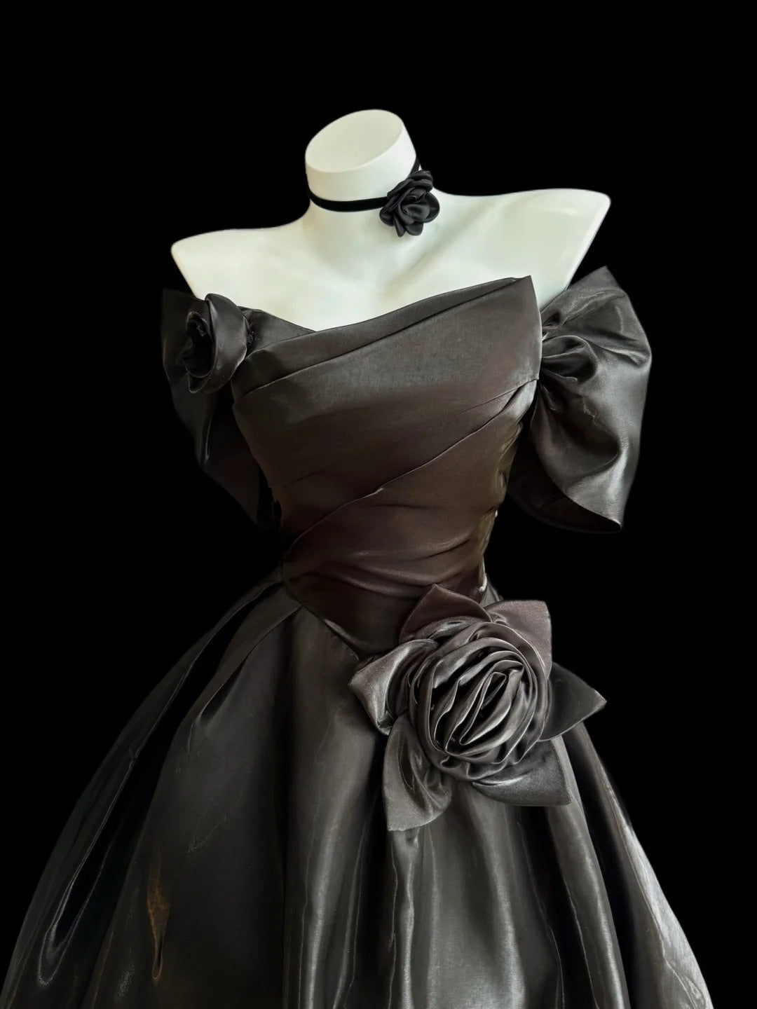 Chic A line Off The Shoulder Black Satin With Flowers Long Prom Dress Formal Dress Party Dresses RB7224