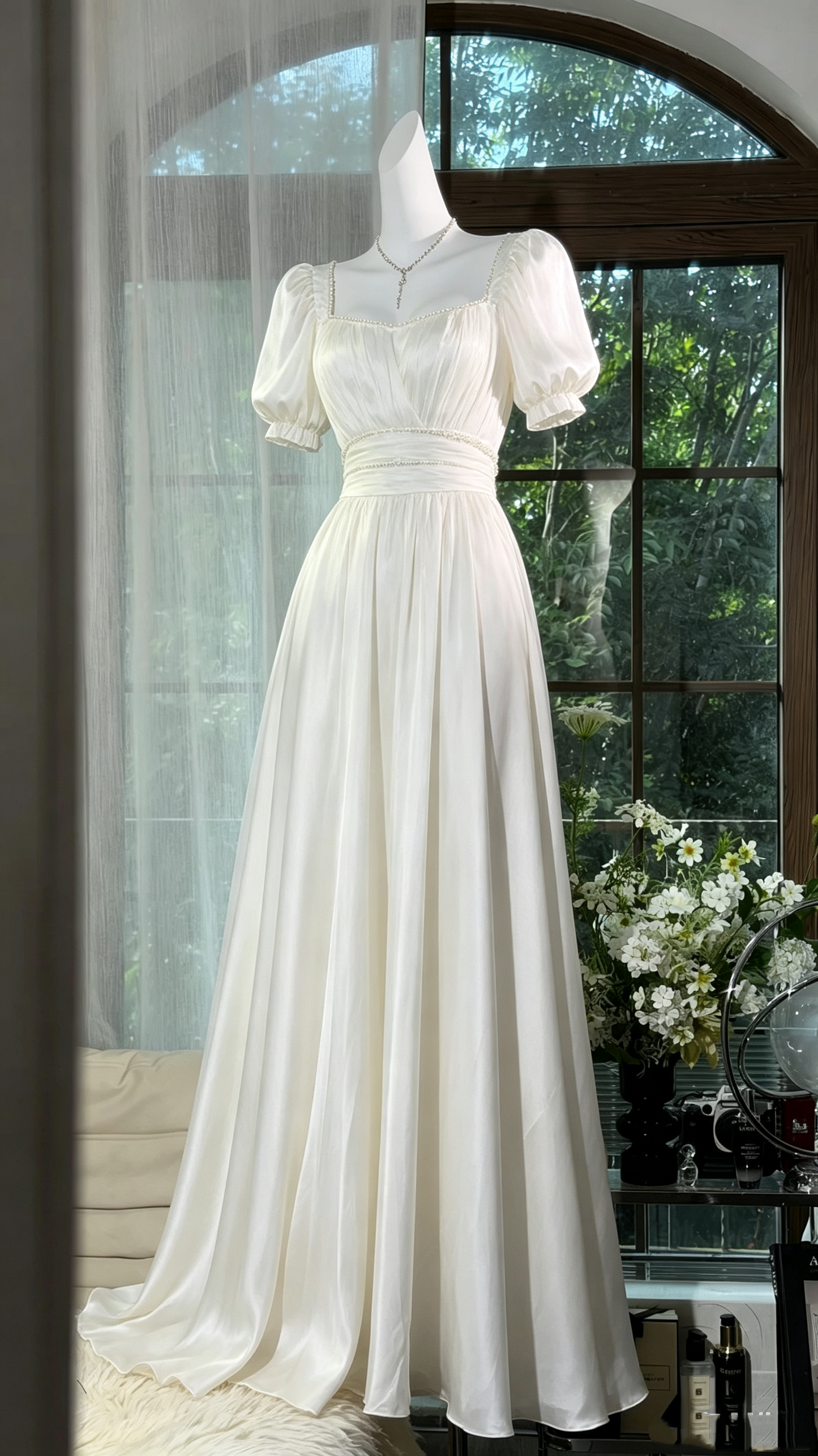 Vintage A line Square Neck Chiffon With Short Sleeves Date Night Evening Outfit Formal Prom Dresses RB5282