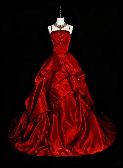 Ball Gown Spaghetti Straps Burgundy Satin Prom Dresses Evening Gown Formal Dress Vintage Party N1776