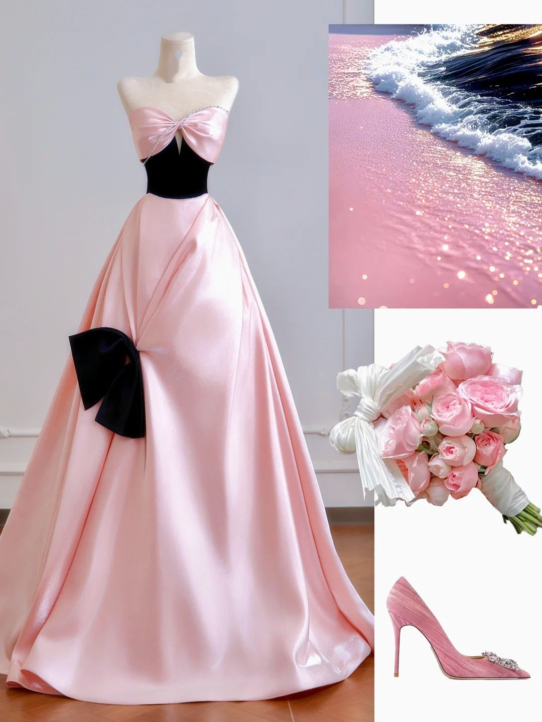 Robe de bal intemporelle en satin rose à décolleté cœur, robe de soirée longue, inspiration robe de bal N400