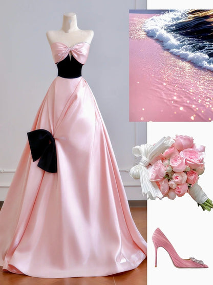 Robe de bal intemporelle en satin rose à décolleté cœur, robe de soirée longue, inspiration robe de bal N400