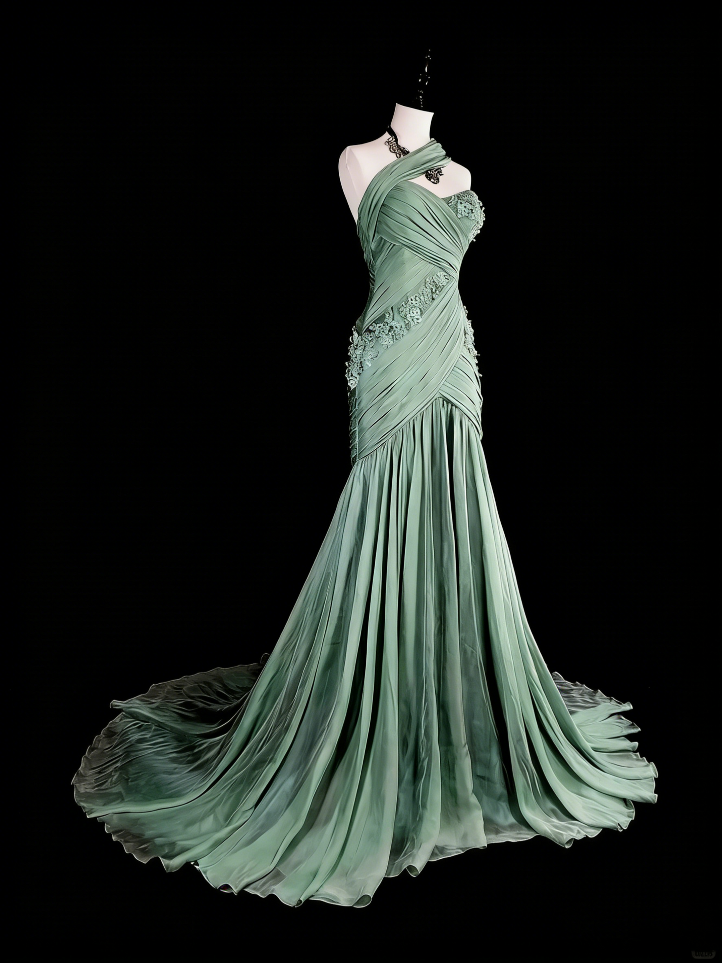 Vintage Ballkleider Ästhetik Meerjungfrau One Shoulder Salbeigrün Chiffon mit Applikationen Langes Abendkleid N2161