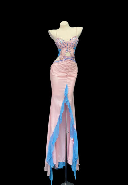 Robes de bal longues sirène extravagantes à fines bretelles roses asymétriques Inspo tenues de soirée RB4017