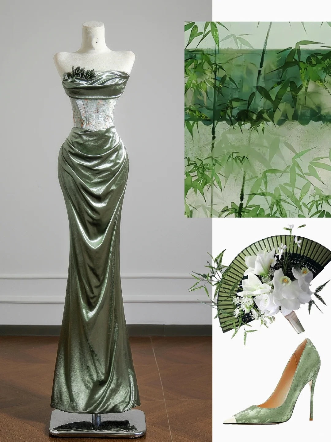 Romantisches, trägerloses Meerjungfrauen-Abendkleid in Salbeigrün mit Rüschen – ein beeindruckendes Outfit für den 18. Geburtstag (Partykleid N397)