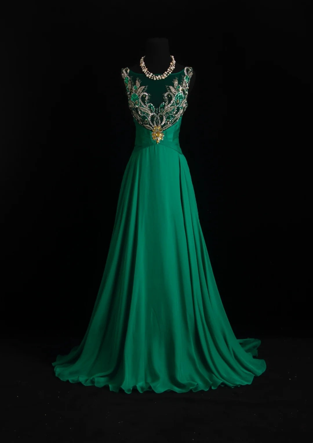 Vintage Prom Dresses 80s A Line Scoop Dark Green Chiffon Long With Silver Beading Evening Formal Outfits RB5132