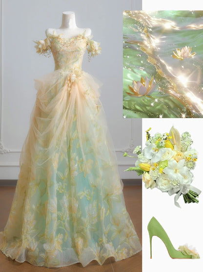 Robe de bal féérique à épaules dénudées en tulle vert à fleurs, longue robe de soirée formelle, robe d'anniversaire formelle, robe de bal N729