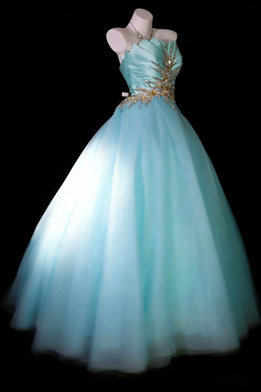 Modest Prom Dresses Ball Gown Strapless Light Sky Blue Tulle With Beading Long Quince Dress N2971