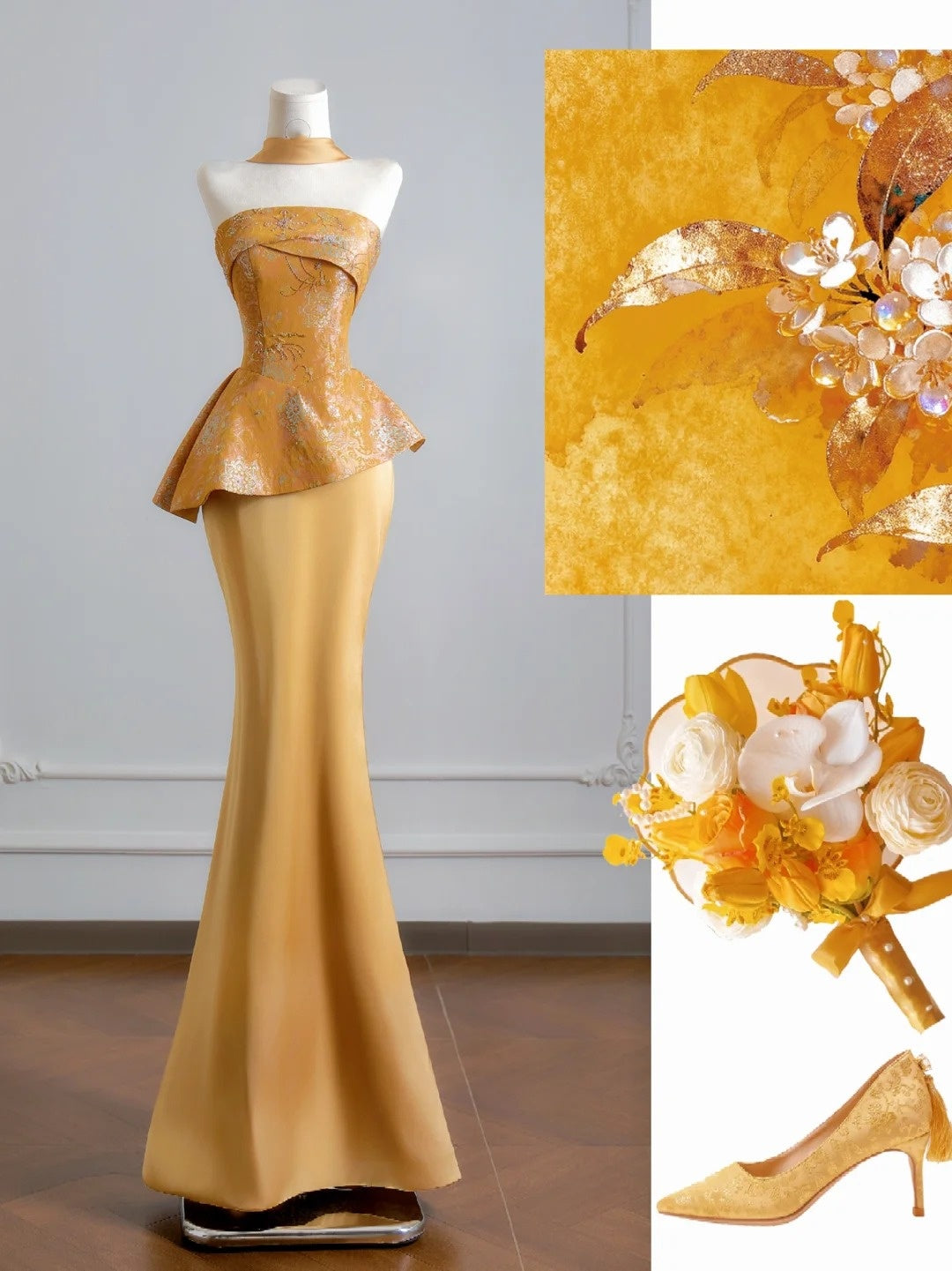 Romantisches, trägerloses, langes Meerjungfrauen-Abendkleid in Gold mit Schal – ein beeindruckendes Outfit für den 18. Geburtstag – Partykleid N398