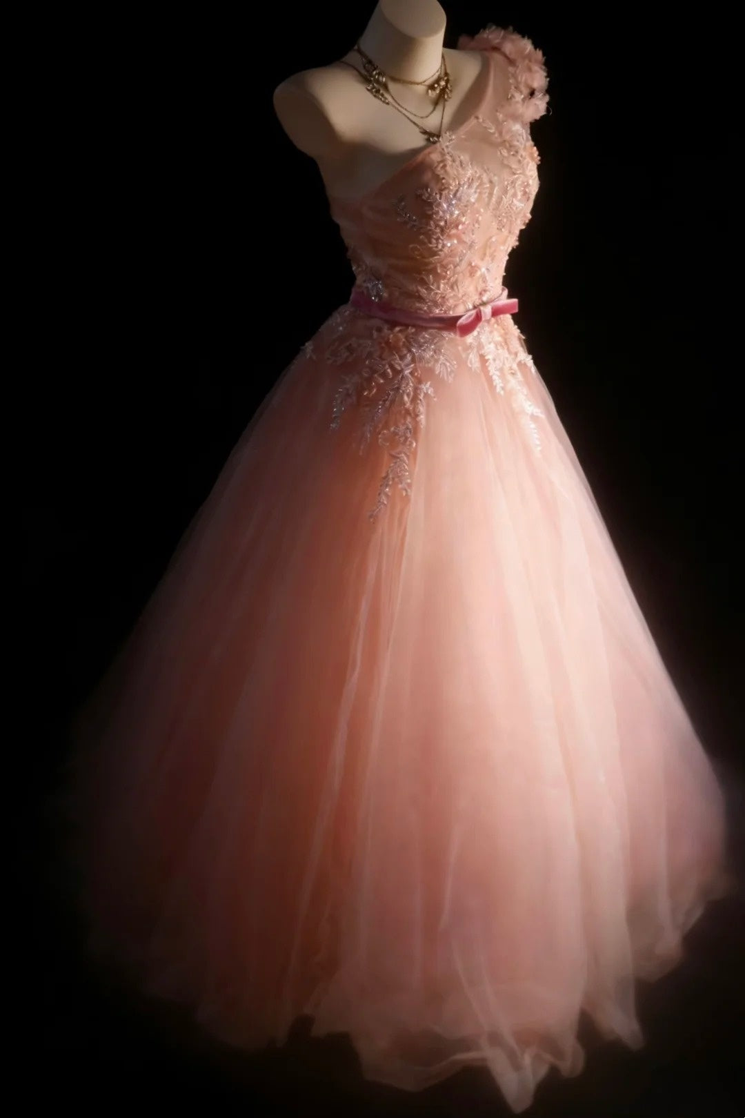 Jolies robes de bal de promo, robe de soirée asymétrique en tulle rose poudré avec appliques, longue robe de soirée N2954