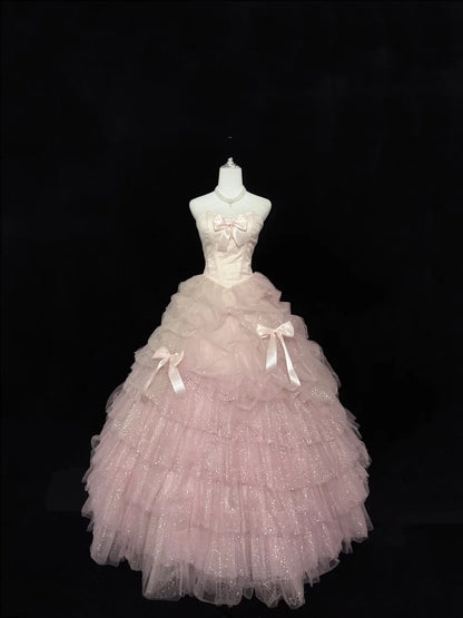 Sweet 16 Kleider langes Ballkleid Sweet Sixteen langes Geburtstagskleid herzförmiger Ausschnitt zartrosa Tüll Abendkleid RC0290