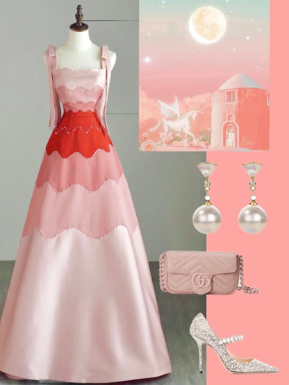 Robe de bal longue en satin rose à bretelles, style tendance, idéale pour les soirées et les fêtes de fin d'année (N681)