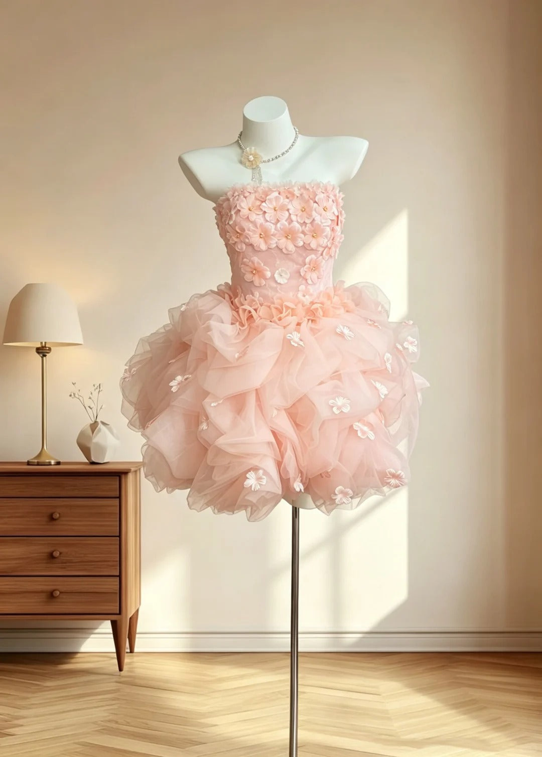 Robe de bal féérique bustier avec fleurs 3D sans manches rose blush courte inspiration senior pour robes de retour à la maison RB3068