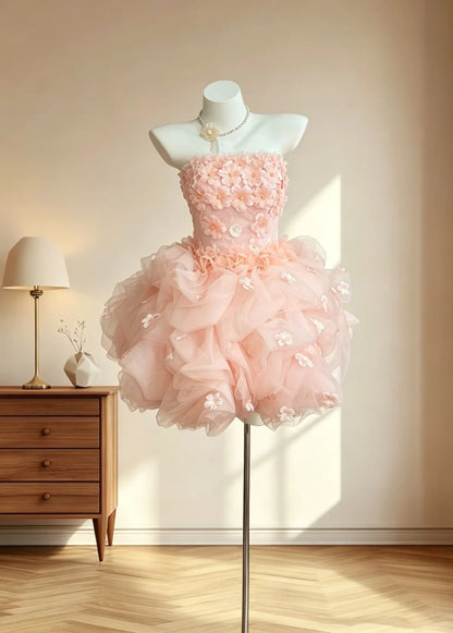 Robe de bal féérique bustier avec fleurs 3D sans manches rose blush courte inspiration senior pour robes de retour à la maison RB3068