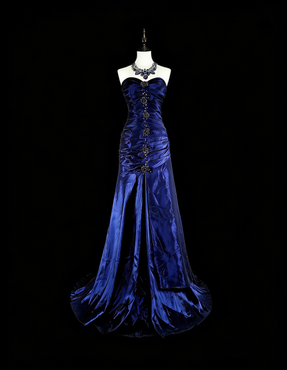 Robe de soirée sirène vintage en satin bleu royal, style années 80, idéale pour un anniversaire ou un bal de promo (N1756)