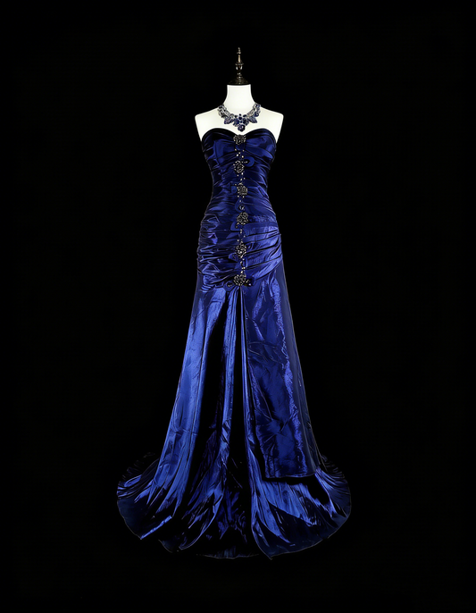 Vintage Mermaid Sweetheart Royal Blue Satin 80s Evening Gowns Formal Birthday Dress Long Prom Dresses N1756