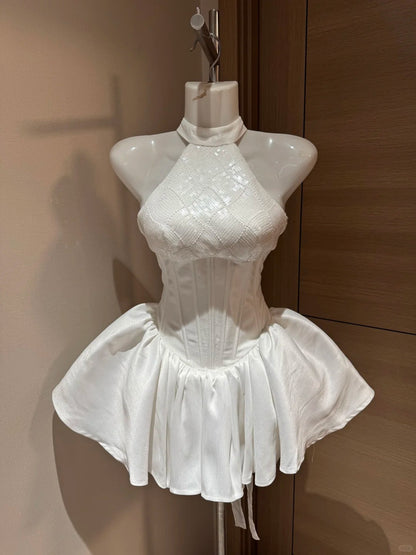 Mignonne Robe de Bal Col Montant Pailletée Blanche Soirée à Rio Inspiration Robes de Hoco Idées Robes de Retour à la Maison RB4032