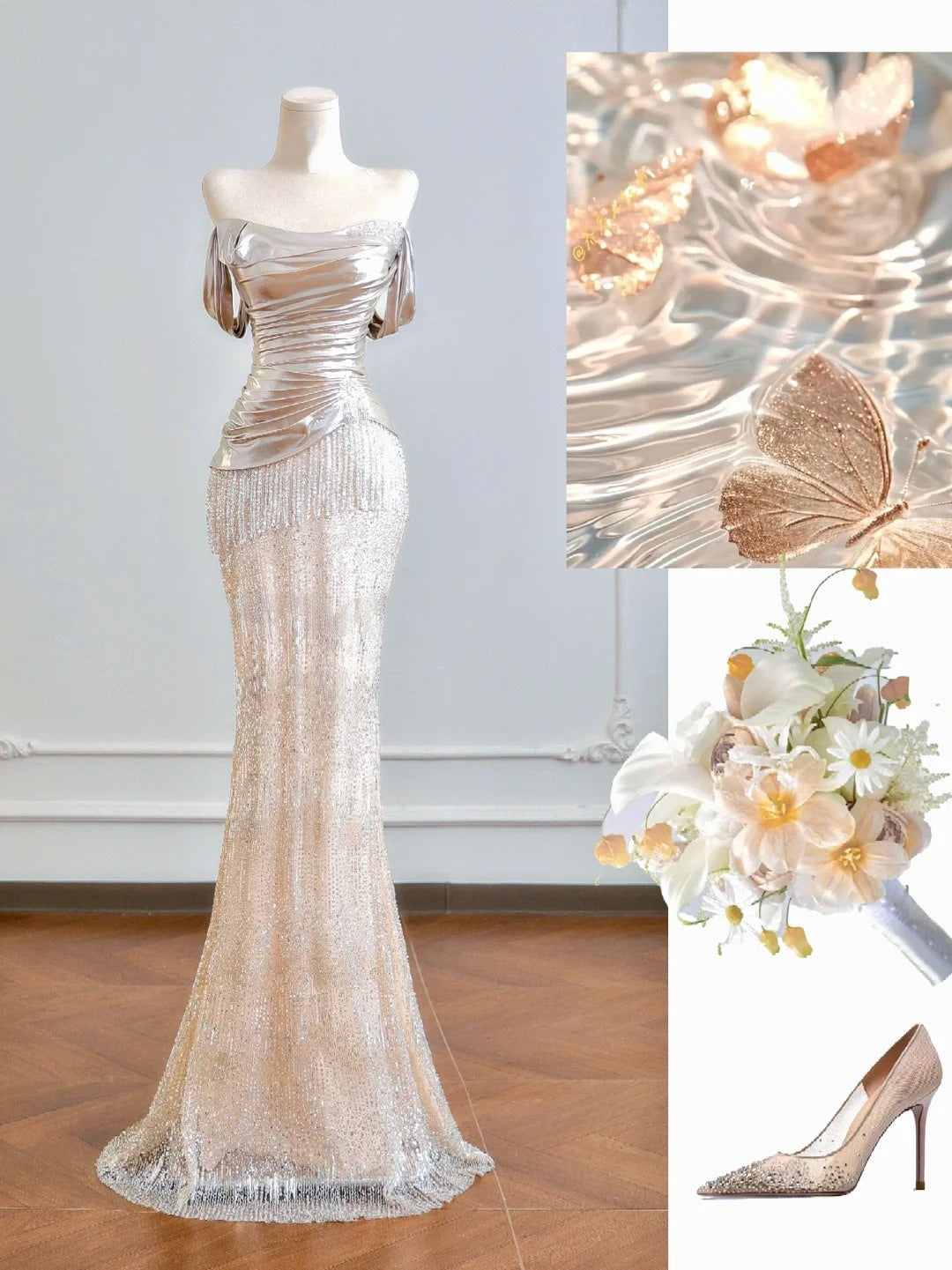 Robe de bal longue sirène scintillante à épaules dénudées et sequins champagne, idéale pour un 18e anniversaire (N389)
