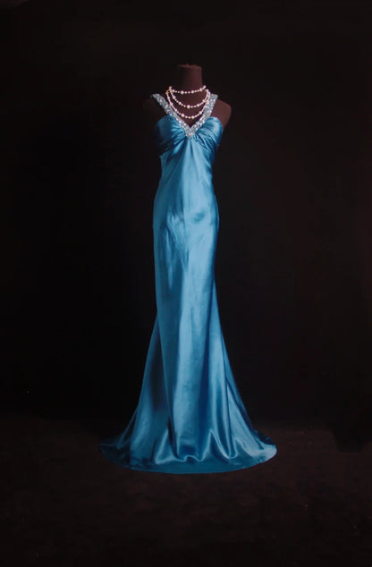 Robe de bal longue rétro sirène dos nu en satin bleu sarcelle, inspiration années 2000, tenue de soirée pour un 18e anniversaire, N498