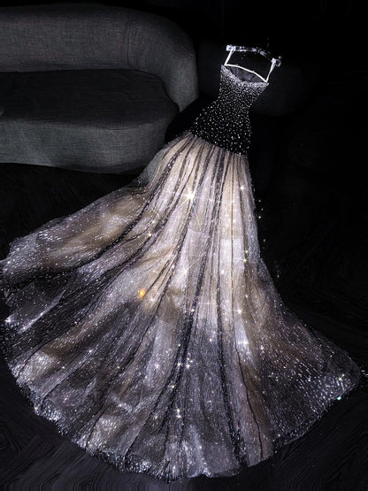 Prinzessin Meerjungfrauen-Abendkleid, trägerlos, schwarz, paillettenbesetzt, lang, formell, 18. Geburtstag, Ballkleid N738