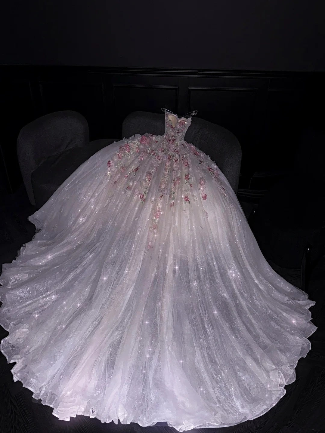 Princess Ball Gown Strapless Pink Floral Tulle Long Formal Evening Dress Formal 18th Birthday Gowns Prom Dresses N736