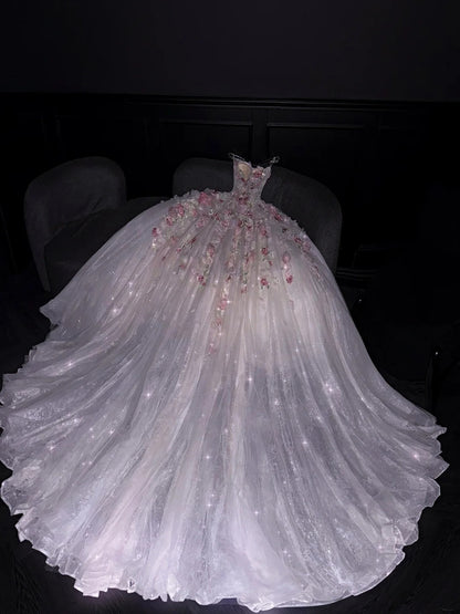 Princess Ball Gown Strapless Pink Floral Tulle Long Formal Evening Dress Formal 18th Birthday Gowns Prom Dresses N736