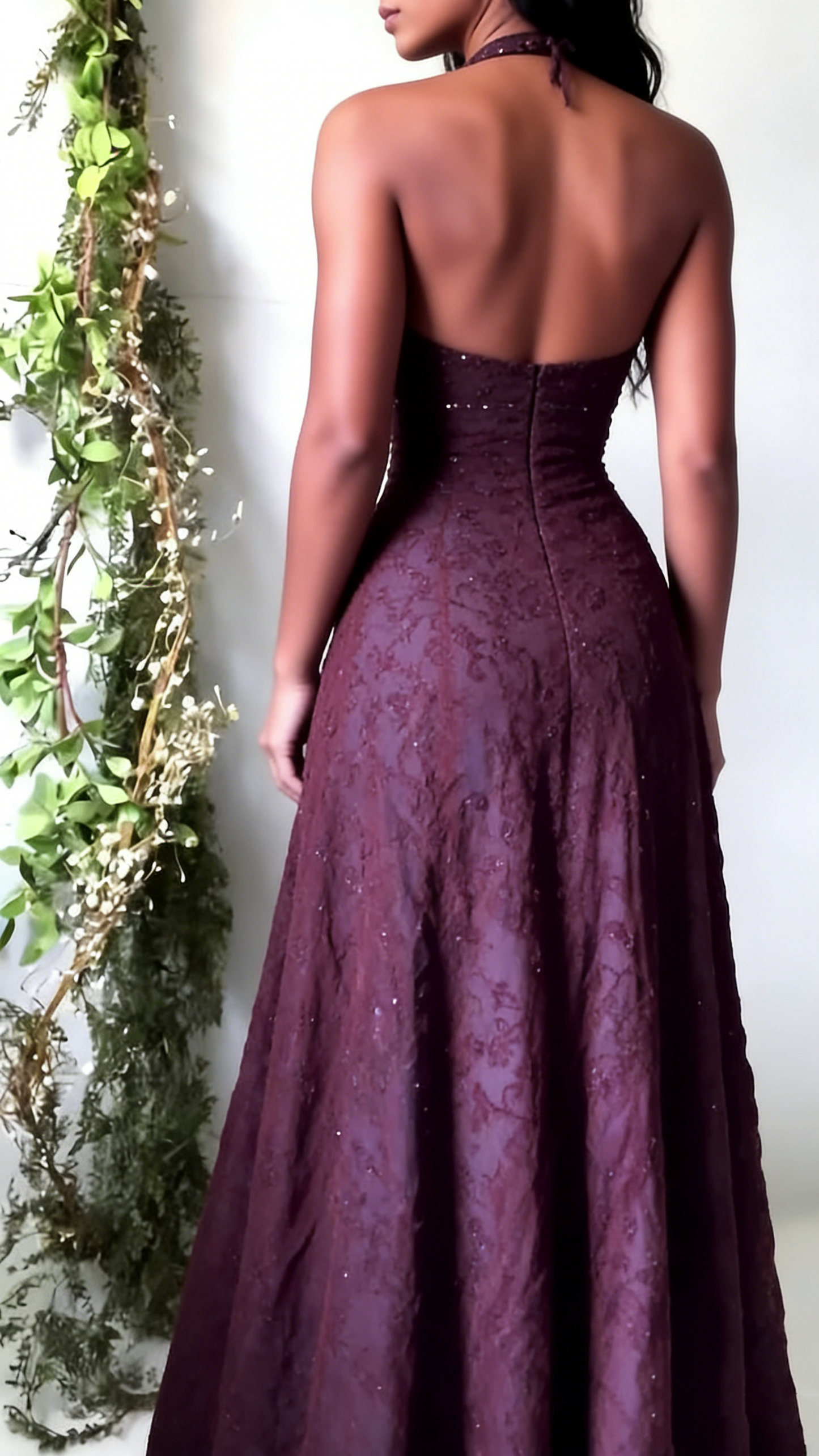 Vintage Meerjungfrauen-Abendkleid aus lila Spitze mit Neckholder, langes Abendkleid, Ballkleid AB326