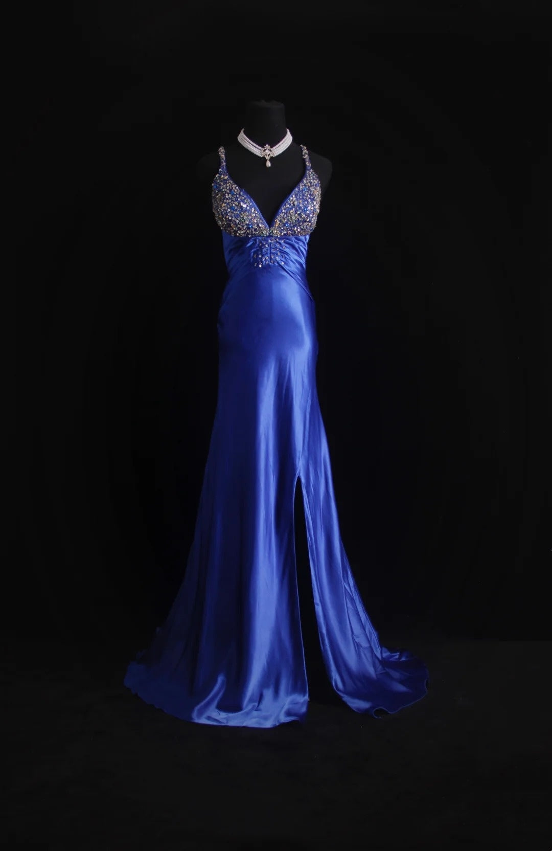 Robe de bal longue rétro sirène à fines bretelles en satin bleu roi, inspiration années 2000, tenue de soirée pour un 18e anniversaire, N497