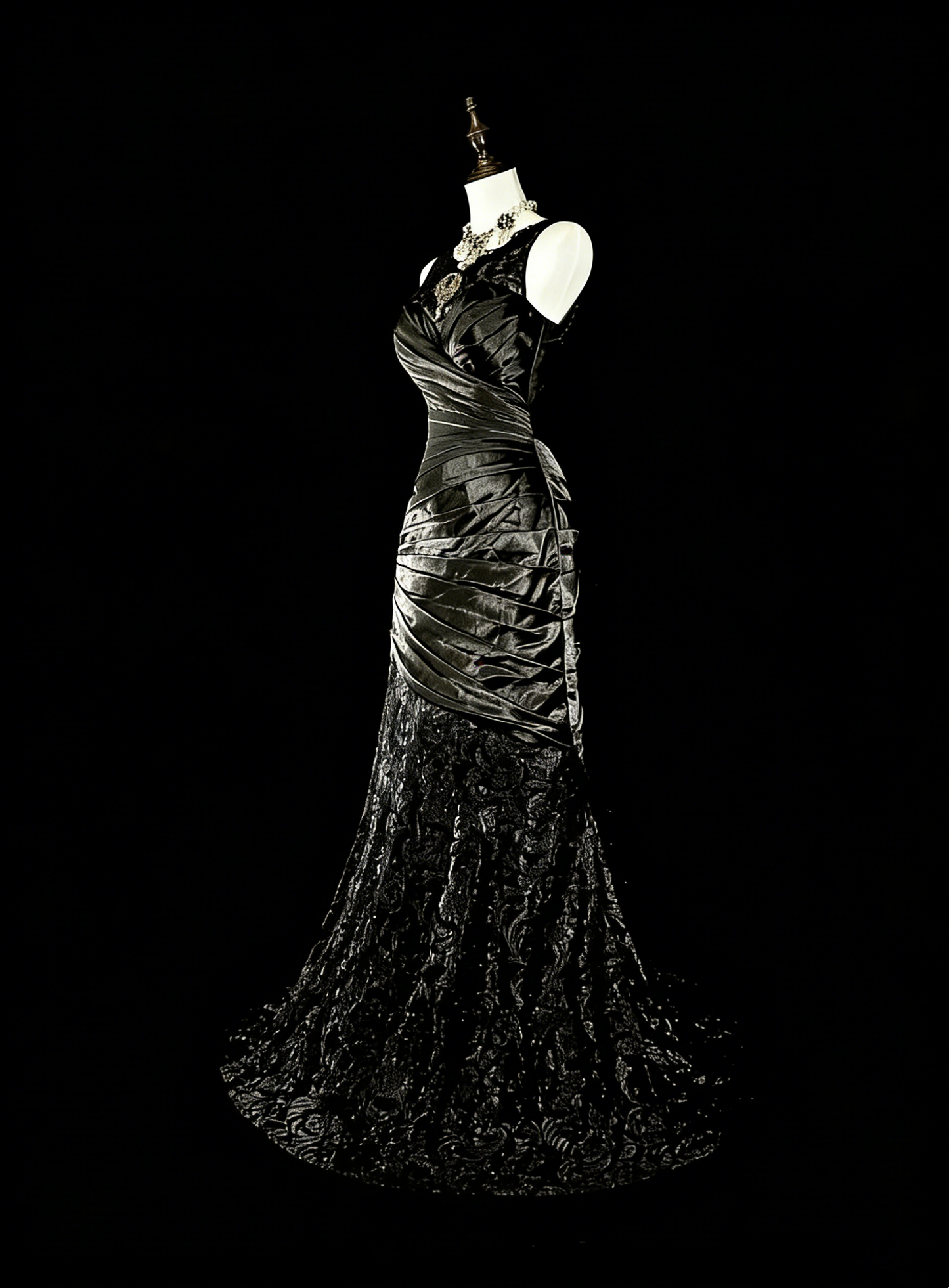 Robe de bal longue sirène plissée en satin, sans manches, col bateau, années 1960, N1574
