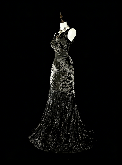 Robe de bal longue sirène plissée en satin, sans manches, col bateau, années 1960, N1574