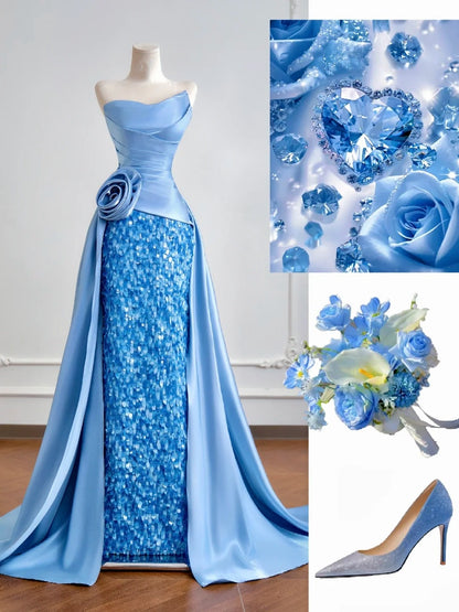 Robe de bal sirène bustier en satin bleu à sequins, longue, pour soirée formelle ou anniversaire, N381