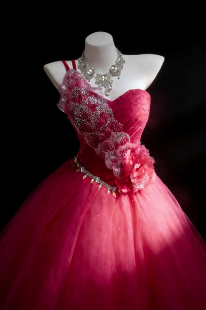 Belles robes de bal pour le bal, robe de bal asymétrique, tulle rose vif avec perles, robe de soirée longue N2955